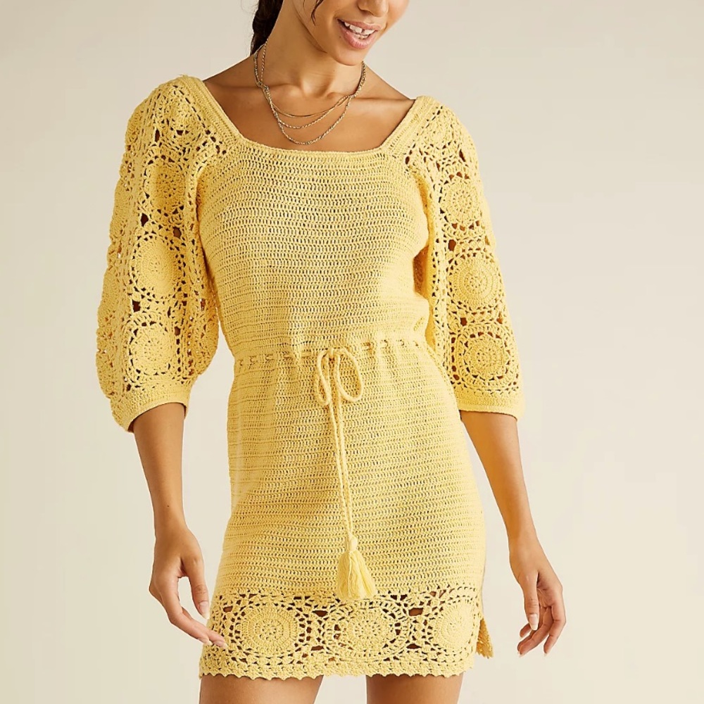 Spell x Free People Let The Sunshine In Sm Yellow Crochet Handmade Knit Mini